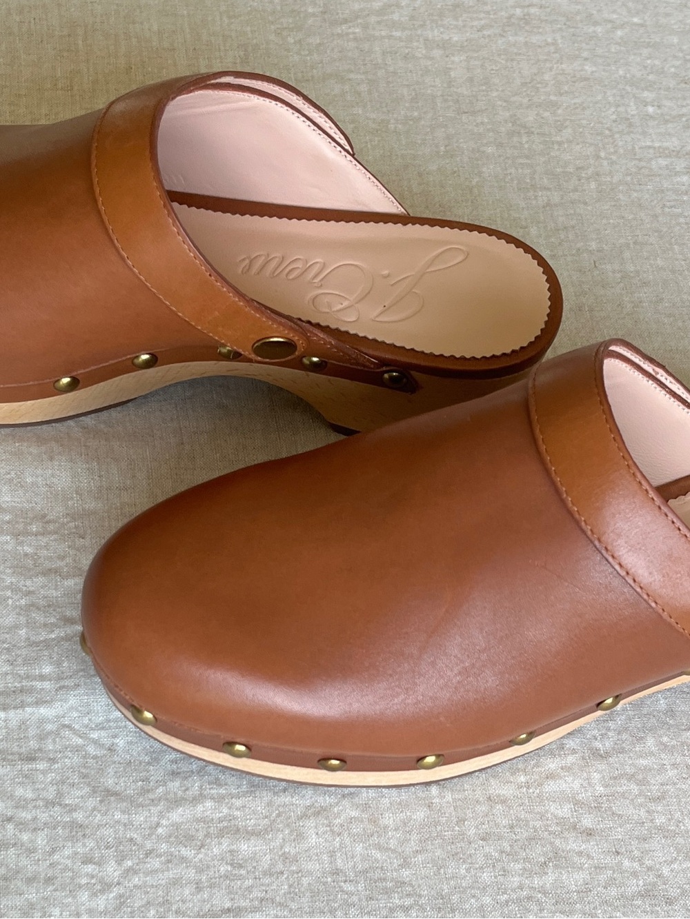 J. Crew Tan Leather Clog Mules with Brass Studs